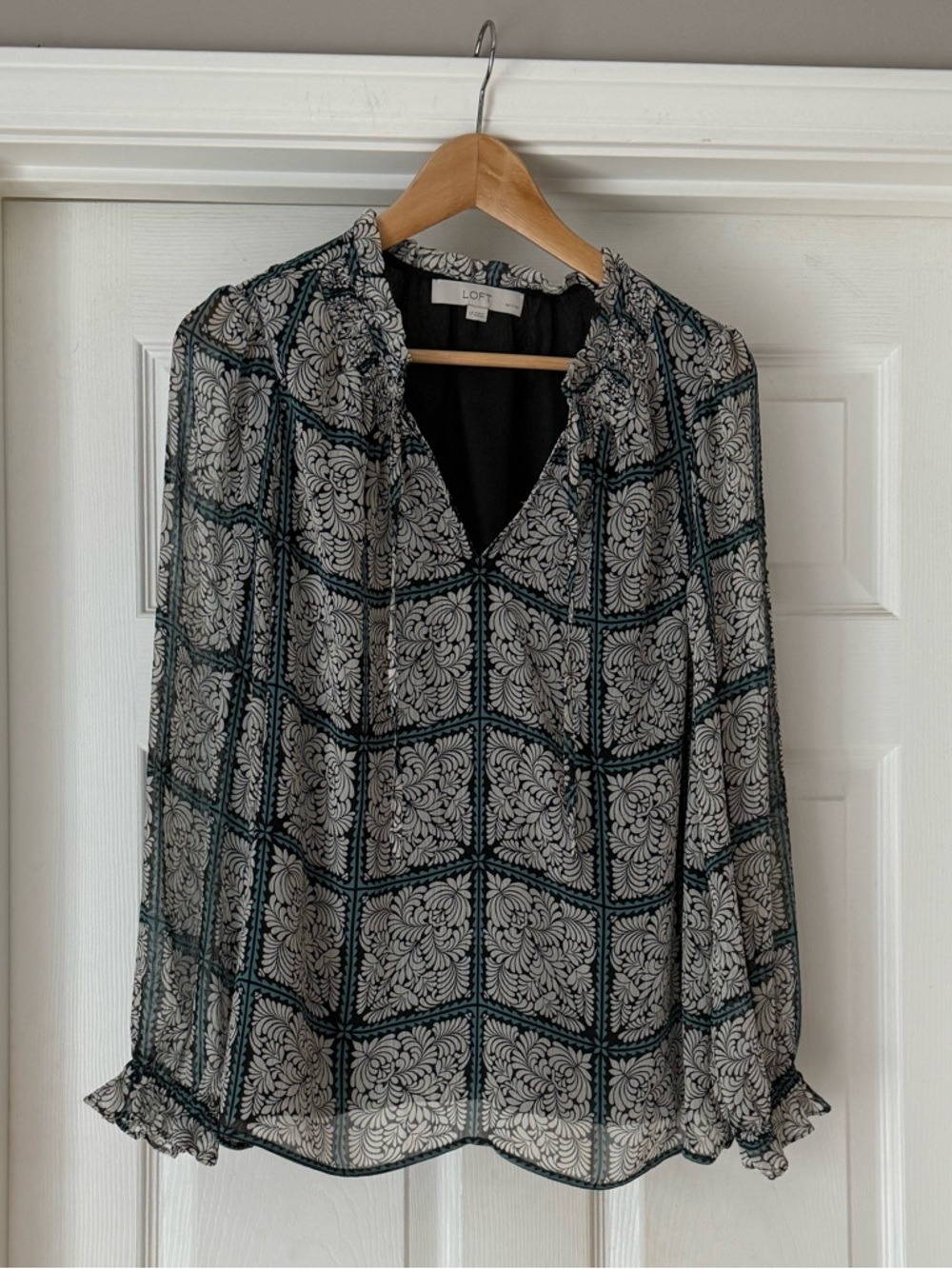 LOFT Black and Cream Printed Sheer V-Neck Blouse
